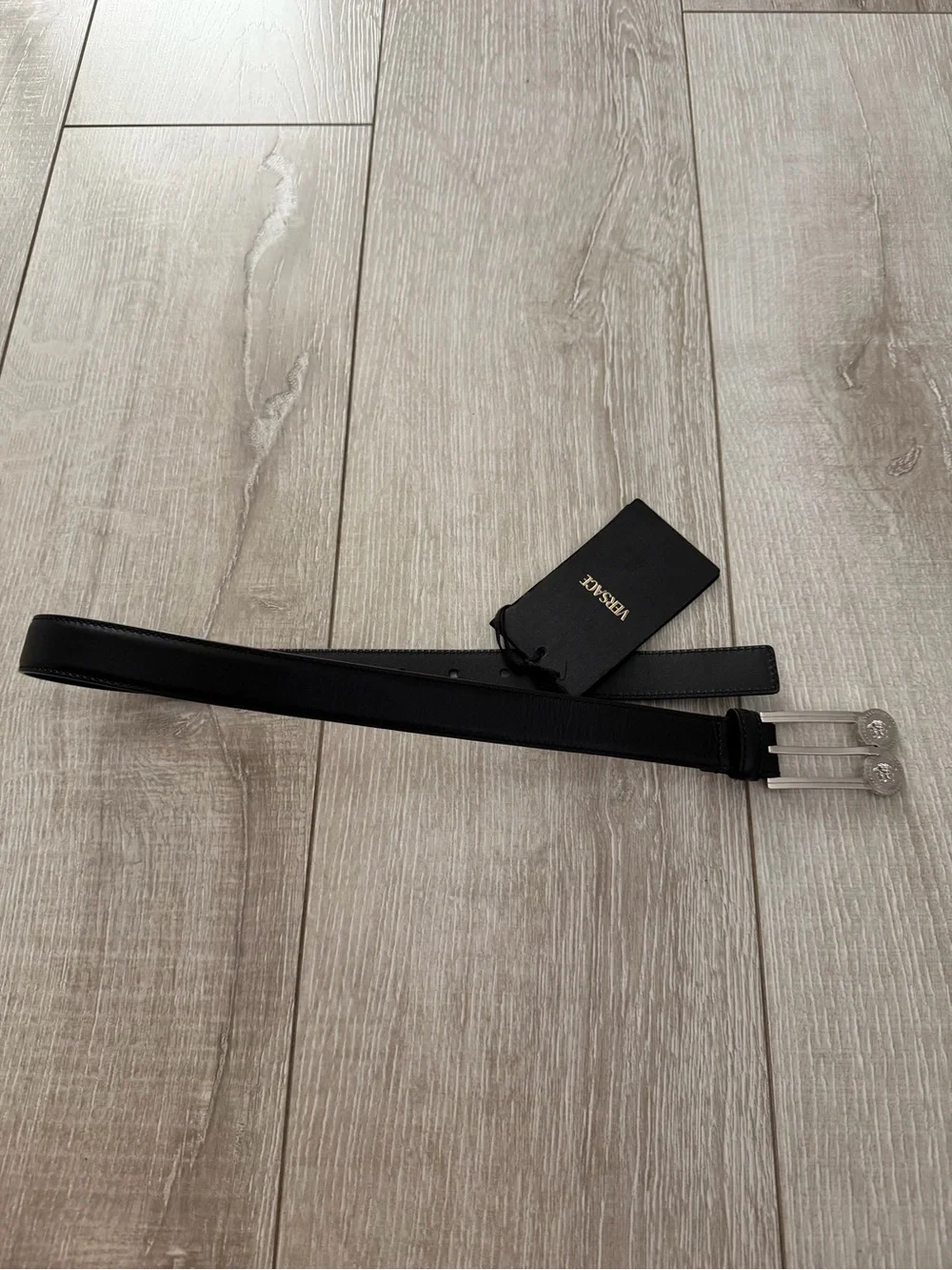 Versace double medusa Black Leather Belt with Silver Twin-Prong Buckles women 24